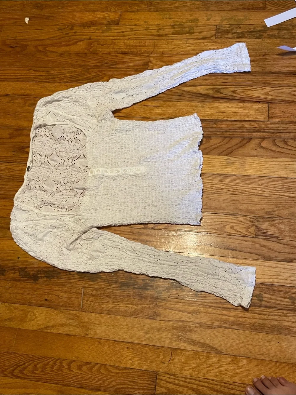 Free People White Smocked Lace Long-Sleeve Square Neck Top